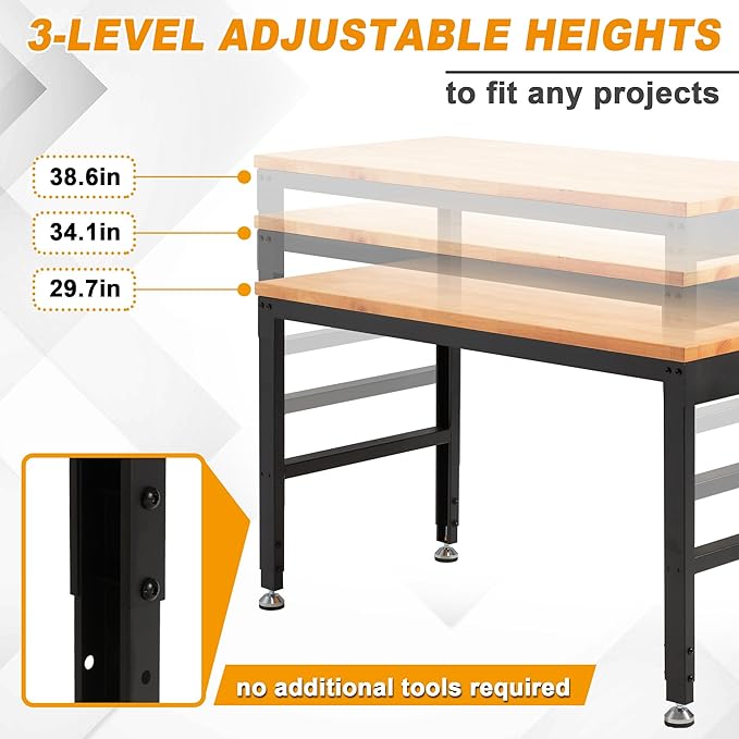 HABUTWAY Height Adjustable Workbench 60" 2000 Lbs Capacity Solid Wood Work Station Heavy-Duty Work Tables with Power Outlets for Garage Party Shop Office