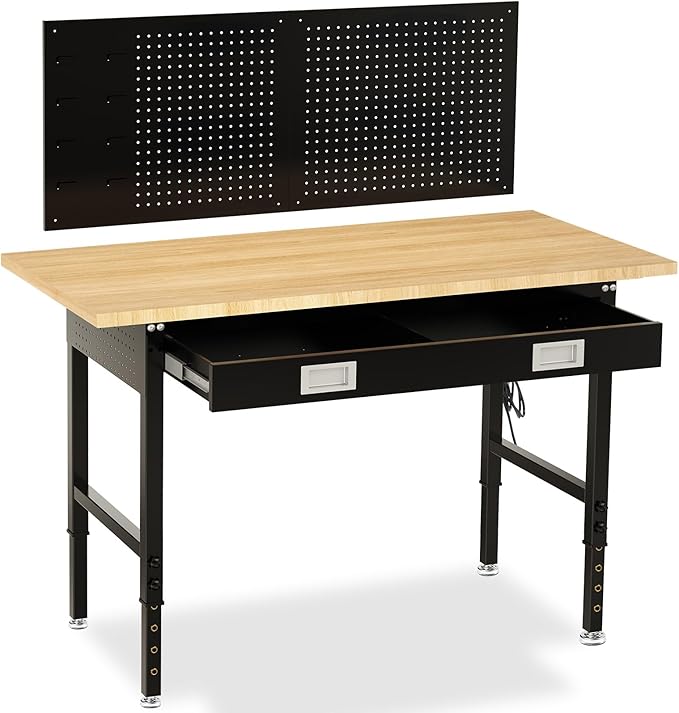 60" Workbench with Drawers, Adjustable Height Work Table, 2000 LBS Heavy-Duty, Rubber Wood, Black, Steel