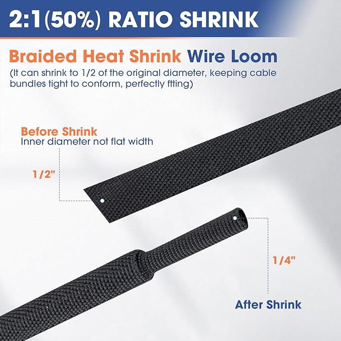 2:1 Heat shrinkable Braided Sleeving Fabric Wire Loom High Temp Heat Shrink Wiring Harness Abrasion Protector Cable Sleeve(1/2"-48ft)