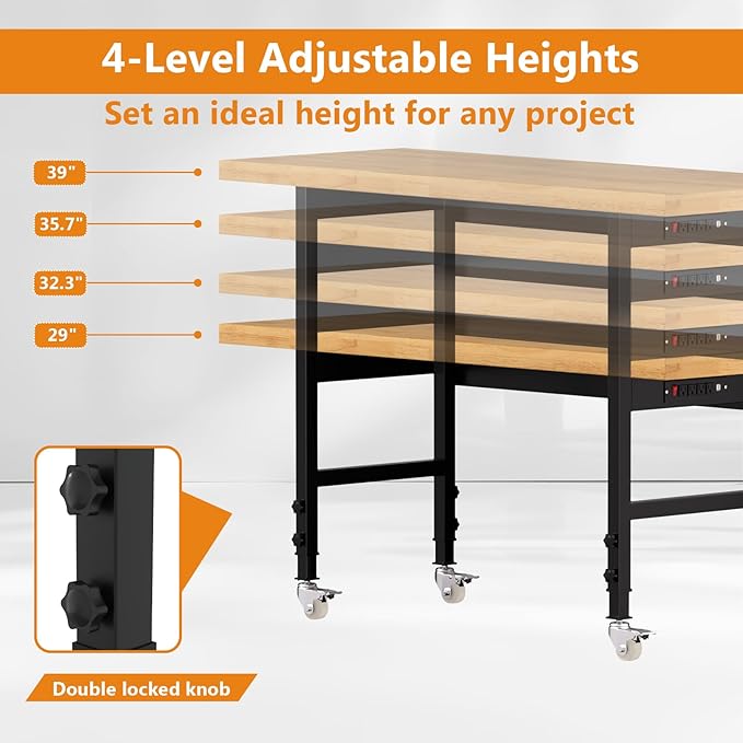 60" Adjustable Height Workbench with Wheels, Heavy-Duty Solid Wood Work Table with Power Outlets, 2000 LBS Capacity Workstation for Garage, Workshop(60" X 24")