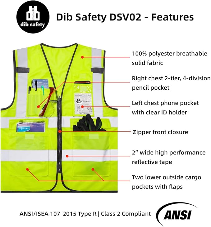 Dib Safety Vest Reflective ANSI Class 2, High Visibility Vest with Pockets and Zipper, Construction Work Vest Hi Vis Yellow XL