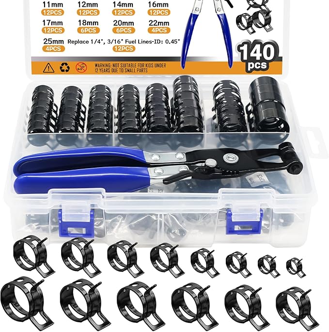 140PCS 6-25mm 14 Sizes Spring Band Hose Clamps with Swivel Flat Hose Clamp Plier, Constant Tension Hose Clamp Assortment Kit DD037