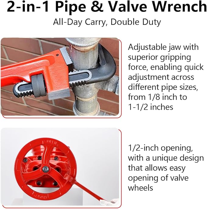 10" Double-Ended Valve Wrench for Refinery Pipes; 1/8" - 1 1/2" Heavy-Duty Adjustable Pipe Wrench; 1/2" Opening Valve Wheel Wrenches (10 INCH)