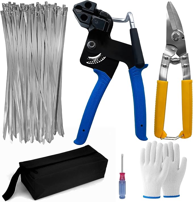 Metal Zip Ties Tool Gun - Trivd Frol One Hand Operation Metal Cable Tie Gun for Fastening Cutting Stainless Steel Zip Ties, Comes With 100pcs Self-Locking Metal Zip Ties Heavy Duty Outdoor, Scissors