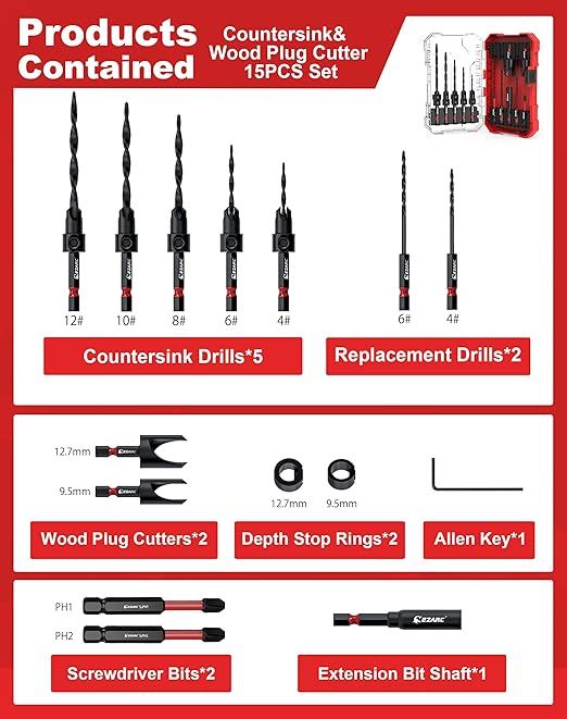 EZARC Countersink Drill Bit Set, 15 PCS Tapered Drill Bits Counter Sink Drill Bit with 2PCS Wood Plug Cutter 1/4" Hex Shank Quick Change for Woodworking with Storage Box
