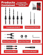 EZARC Countersink Drill Bit Set, 15 PCS Tapered Drill Bits Counter Sink Drill Bit with 2PCS Wood Plug Cutter 1/4" Hex Shank Quick Change for Woodworking with Storage Box