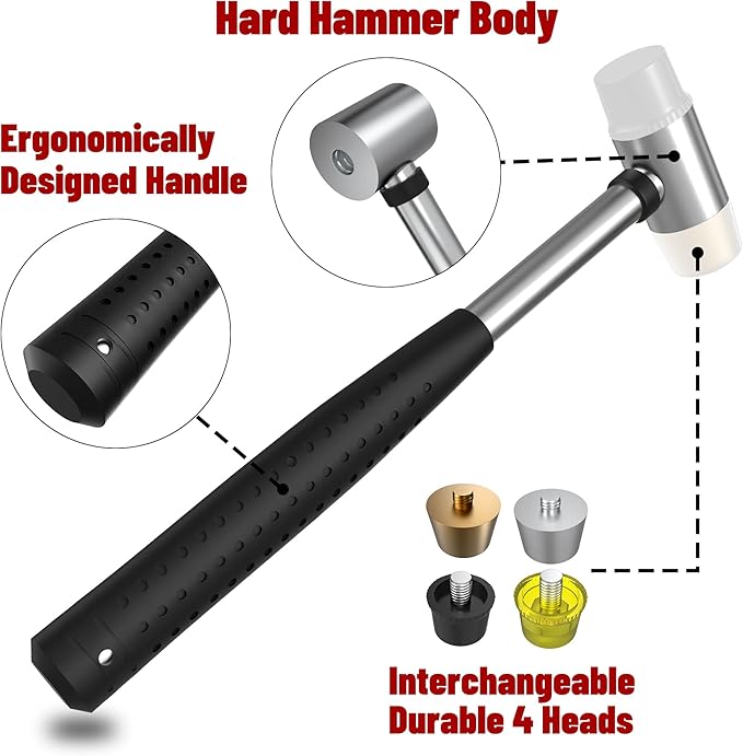 Small Brass Hammer with 4 Interchangeable 1-Inch Heads: Brass, Nylon, Aluminum, Rubber, Hammer Mallet for Jewelry, DIY Projects and More