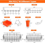 Pegboard Organizer Accessories Kit 264 PCS, Peg Board Hooks Assortment with Bins, Cups, Baskets for 1/4in Pegboard Wall Organizer, Garage Organization, Workbench, Craft Room, Hanging Tools