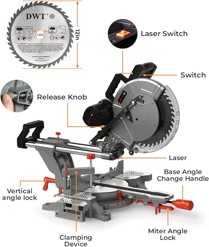 12-inch Compound Miter Saw with Double Bevel Cutting (-45/0/+45), Laser Guide, 9 Positive Stops, 3800RPM, 15Amp Miter Saw with Extension Table, 4.2x13in Cutting Capacity