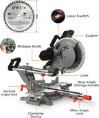 12-inch Compound Miter Saw with Double Bevel Cutting (-45/0/+45), Laser Guide, 9 Positive Stops, 3800RPM, 15Amp Miter Saw with Extension Table, 4.2x13in Cutting Capacity