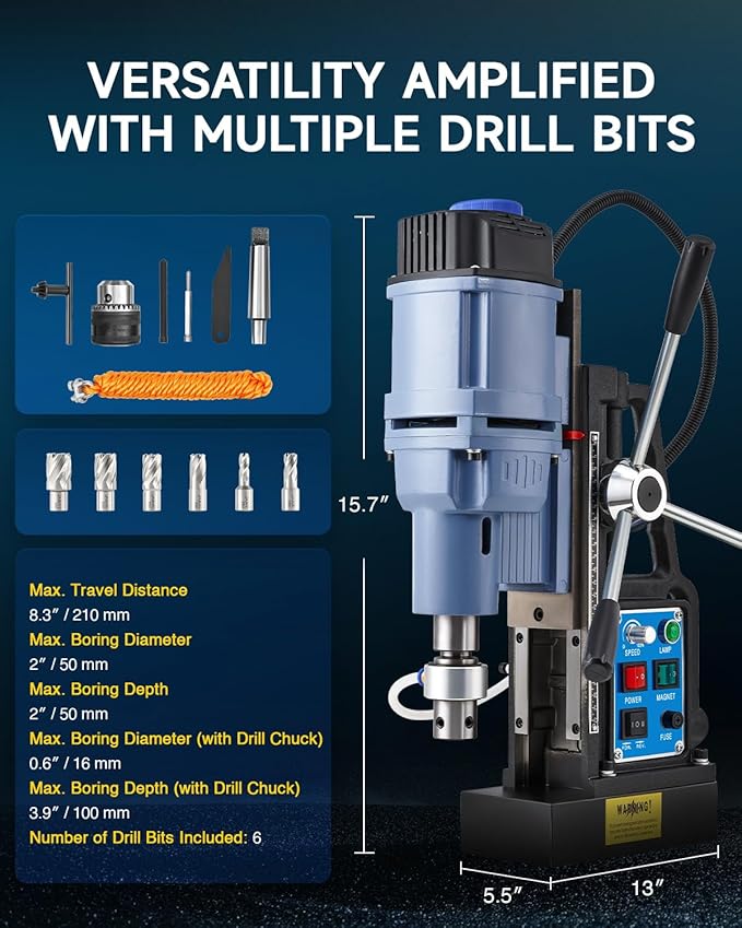 ZELCAN Magnetic Drill Press with 6 Drill Bits, 1550W Mag Drill Press with 2" Dia. 3125 lbf/13900N Mag Force, 650 rpm Power Magnetic Drill with Stepless Speed & Reversible Direction for Metal Surface