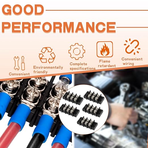 10 Circuits 10 Positions Terminal Block 20-30A 200-450V Dual Row Screw Terminals Strip with 60 PCS Heat Shrink Wire Fork Connectors(Pack of 3pcs)