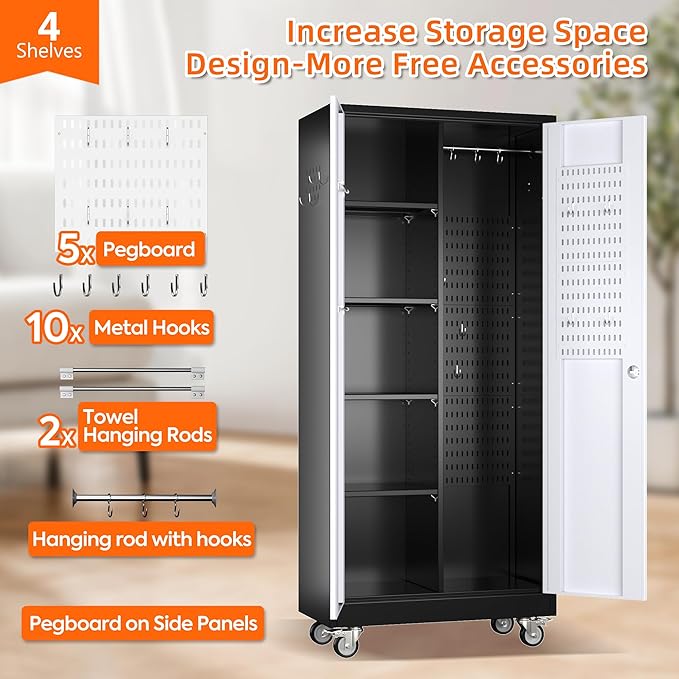 71" H Broom Storage Cabinet with Wheels and Doors,Rolling Tool Cabinet with Pegboard,Shelves and Rod for Garage Warehouse Home,Required Assembly,Black and White