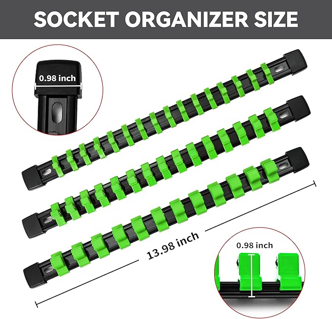 Socket Organizer Drive ABS Tools - Green Socket Holder, Premium Quality 12 Pieces Socket Holders Kit 1/4-Inch x 64 Clips, 3/8-Inch x 60 Clips, 1/2-Inch x 48 Clips（12PC,Green