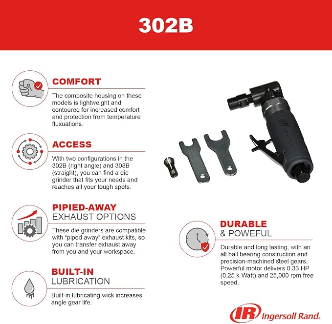 Ingersoll Rand 302B Angle Air Die Grinder, 20,000 rpm, 0.33 hp, 1/4" Collet, Rear Exhaust