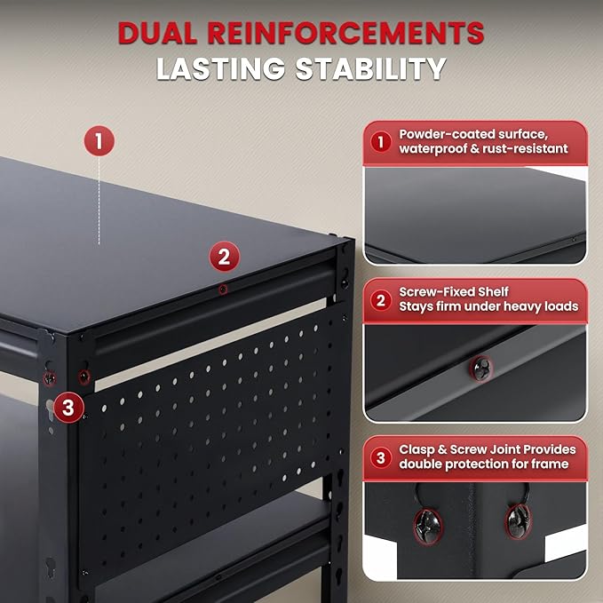 3-Tier Rolling Workbench Heavy Duty Adjustable Metal Tool Work Table with Side Pegboard, Wheels & Push Handle Mobile Workstation for Garage, Warehouse, Kitchen