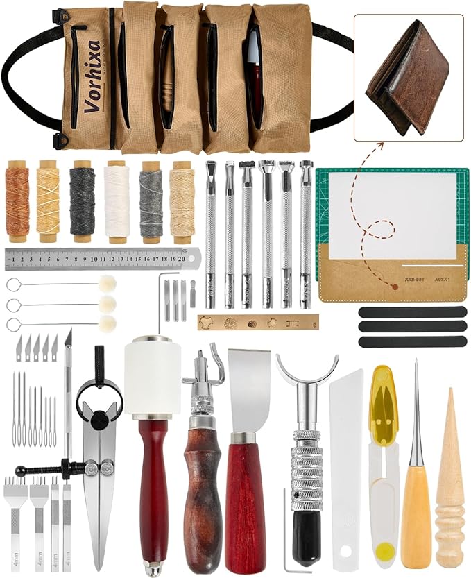 Vorhixa Leather Tooling Kit - Leather Working Tools & Stamps for Crafting, Cutting, Stamping, Sewing, Stitching, Engraving & Sanding - Complete Craft Kit for Adults and Begineers
