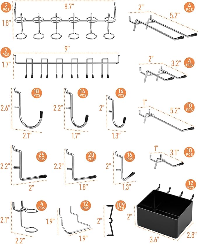 INCLY 278PCS Pegboard Accessories Organizer Kit, Peg Board Hooks Assortment with Bins for Organizing Various Tools, Fit 1/8 or 1/4 inch Pegboard for Hanging Storage, Garage Wall Attachments