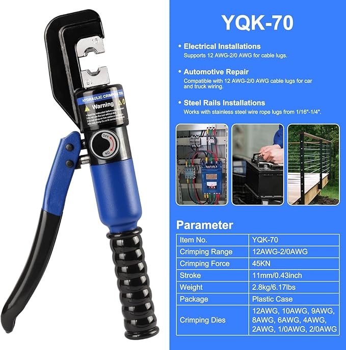 Solsop Hydraulic Crimping Tool 10 Ton with 9 Hex-Dies, 12–2/0 AWG Battery Cable Crimper with Cable Cutter for Copper, Aluminum Cable Lugs