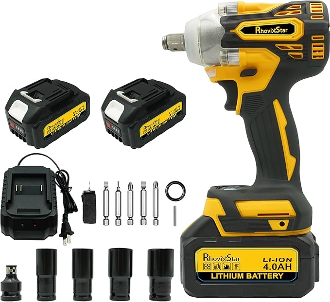 Rhovixster 1/2 Impact Gun, Cordless Impact Wrench Set, 1/2 Torque Impact, Brushless Motor High Torque Impact Guns with Battery and Charger