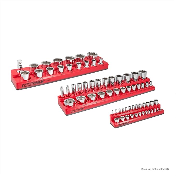 OEMTOOLS 22484 3 Piece SAE Magnetic Socket Tray Set, Magnetic Socket Organizers for Toolboxes, Rubberized Base, Holds Up To 68 Sockets, Red Socket Holder