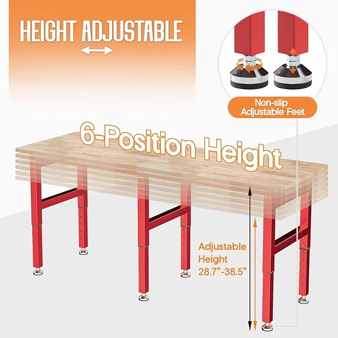 SPECRAFT 72" Red Adjustable Heavy Duty Workbench with 4 AC Outlet and 2 USB Ports Power Outlets, 5000 Lbs Capacity, Rubber Wood Top for Garage, Workshop, Office