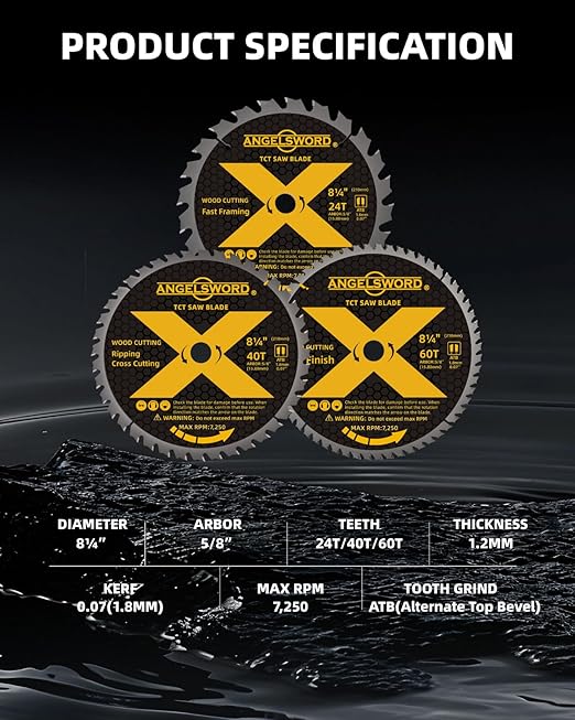 ANGELSWORD 8-1/4 Inch Table Saw Blade/Circular Saw Blade, 24T for Framing&40T for Ripping, Cross Cutting&60T for Fine Finish Wood Cutting, 3 Pack