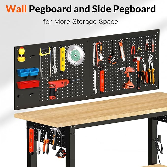 Adjustable Height Work Bench 48×24 Workbench for Garage with Under Table Shelf Heavy Duty Rubber Wood Work Table for Shop Woodworking, Office, Home, Commercial