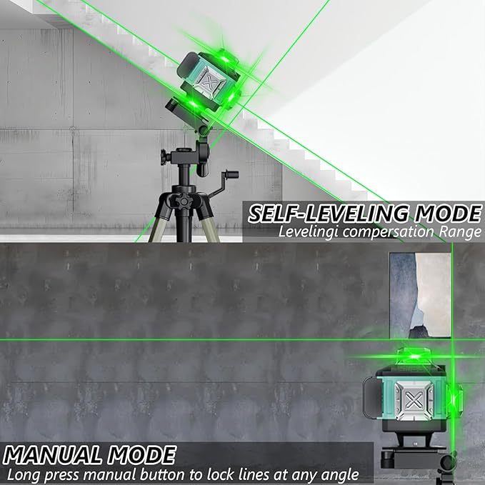 16 Line Laser Level, 4x360° Green Laser Line Self-Leveling Tool, Upgraded IP65 Metal Housing, Lazer Leveler Tool for Construction and Hanging Pictures, 2 Batteries & Remote Control