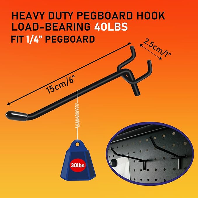60PCS Black Pegboard Hooks, Pegboard Wall Hook Heavy Duty PegBoard Shelving Hook Fit 1/4" PegBoard Metal Hanging Pegboard Display Hook Holder Organizer for Wall Kitchen Store (6 Inch-60Pack)
