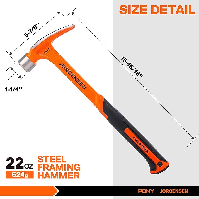 Jorgensen 22 oz Framing Hammer, Straight Claw Hammer with Magnetic Nail Holder, Rip Claw Hammer with Milled Face & Shock Absorbing Grip, Heavy Duty One-piece Forged Hammer