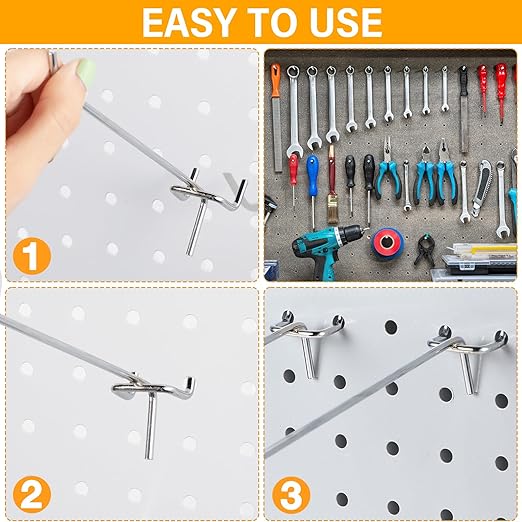 Shimeyao 100 Pcs Peg Board Shelving Hooks Stainless Steel Hanging Board Pegs Wall Display Hooks Bulk for 1/8 1/4 Garage Storage Organizer Accessories(8 Inch,Silver)