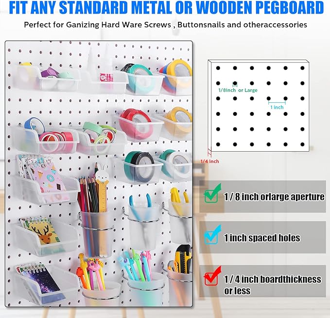 64 Pieces Pegboard Bins Pegboard Cups with Hooks and Loops Peg Hooks Assortment Organizer Accessory for Organizing Accessories Tools Storage Office Workshop Garage Workbench (Transparent)