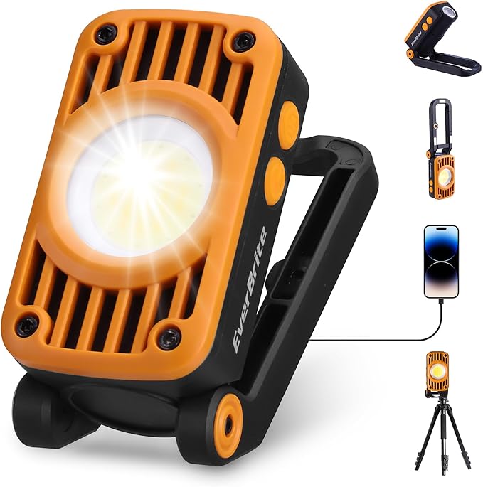 EverBrite COB Rechargeable Folding Work Light, 7 Lighting Modes, 1200 Lumens LED with 180° Adjustable Stand and Hanging Hook, Magnetic Base for Car Repair, Camping, Emergency, Job Site