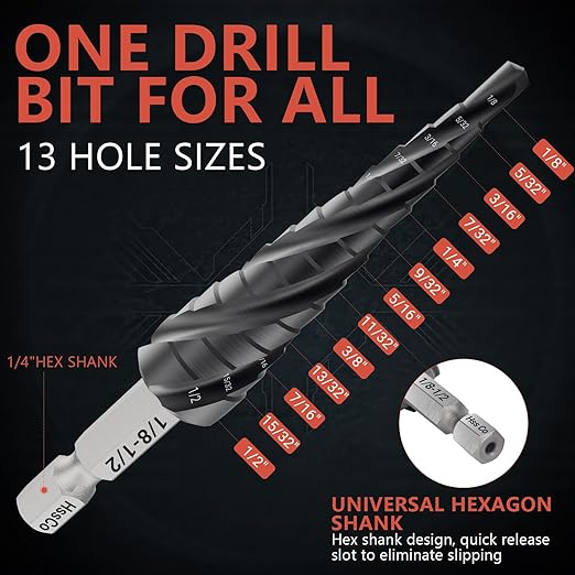 M35 Four Spiral Flute Cobalt Step Drill Bit 1/8"-1/2", Wear-Resistant TiAlN Coated 1/4" Hex Shank Unibit Step Bit for Metal, Stainless Steel, Aluminum, Wood, Plastic（13 Sizes）