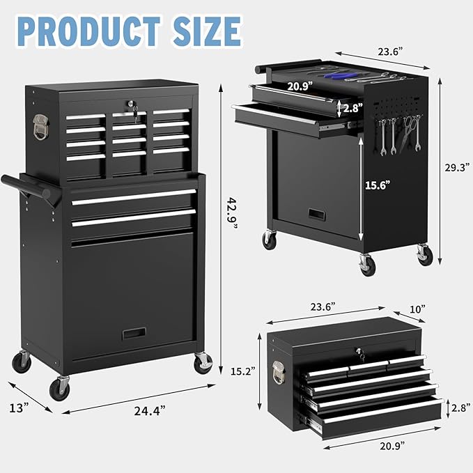 8 Drawer High Capacity Rolling Tool Chest, Metal Tool Box with Wheels and Drawers, Detachable Toolbox with Lock, Heavy Duty Tool Cabinet for Workshop, Warehouse and Garage (Black)