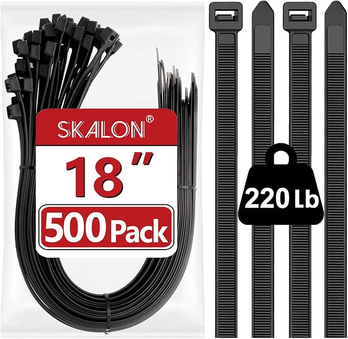 Skalon Large Zip Ties 18 Inch (500 Pack) - Heavy Duty, 220 lb Tensile Strength, Black Cable Ties, Extra Long Wire Ties