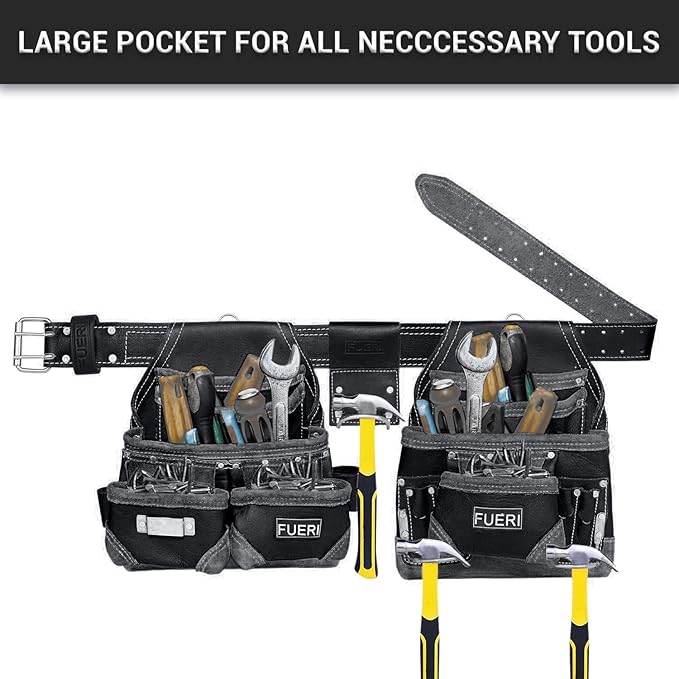 FUERI Leather Tool Belt with Suspenders Heavy Duty Bags Dual Hammer Holsters Tool Pouches for Men Construction Carpenters Electricians Framers Women Workers 16 Pockets