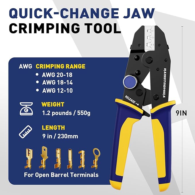haisstronica Quick Change Jaws Crimping Tool for Open Barrel Terminals AWG 20-10 Ratcheting Wire Crimper & Terminals - H6
