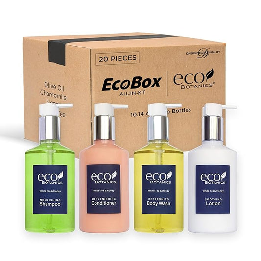 1-Shoppe Eco Botanics 20 Piece Ecobox All-In-Kit | White Tea and Honey Soap | 6 Shampoo, 4 Conditioner, 6 Body Wash & 4 Lotion | 10.14oz Hotel Soaps and Toiletries Bulk | Personal Care Products-VeraVaultWomen