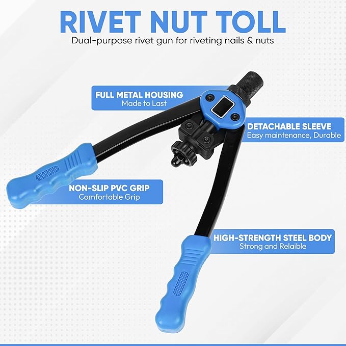Dual Function Hand Rivet Gun with Rugged Carrying Case – Heavy Duty Single Hand Riveter with 400+ pcs Rivet Nuts, 15 Mandrels, 5 Rivet Nozzles, Blind Rivets for Plastic, Wood, Metal, Leather