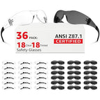 ANSI Z87.1 Safety Glasses Men Women 36 pack(18pack clear safety glasses+18pack safety sunglasses) Scratch & Impact Resistant eye protection glasses for Construction, Outdoor Sports & Work