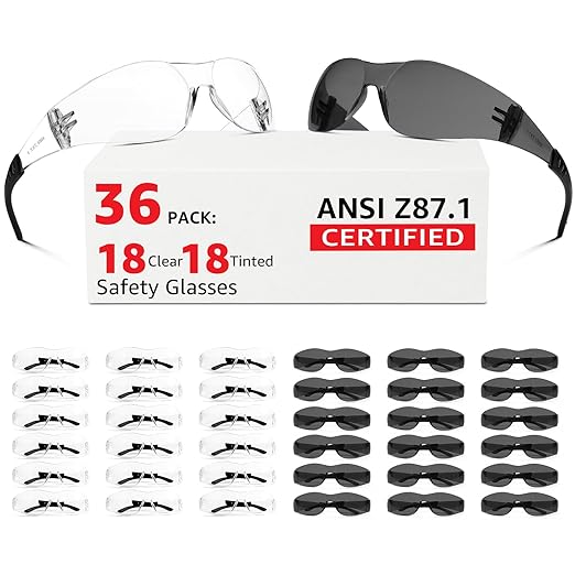 ANSI Z87.1 Safety Glasses Men Women 36 pack(18pack clear safety glasses+18pack safety sunglasses) Scratch & Impact Resistant eye protection glasses for Construction, Outdoor Sports & Work
