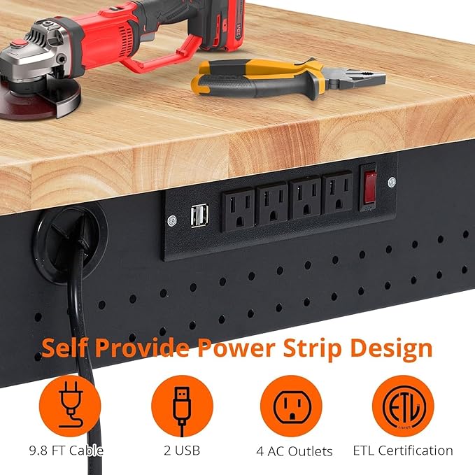 48x24 Inch Garage Workbench with Wheels, Adjustable Rubber Wood Top Garage Workbench with Power Outlet, 2000 Lbs Load Capacity, for Workshop, Woodworking, Office, Home.