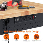 48x24 Inch Garage Workbench with Wheels, Adjustable Rubber Wood Top Garage Workbench with Power Outlet, 2000 Lbs Load Capacity, for Workshop, Woodworking, Office, Home.