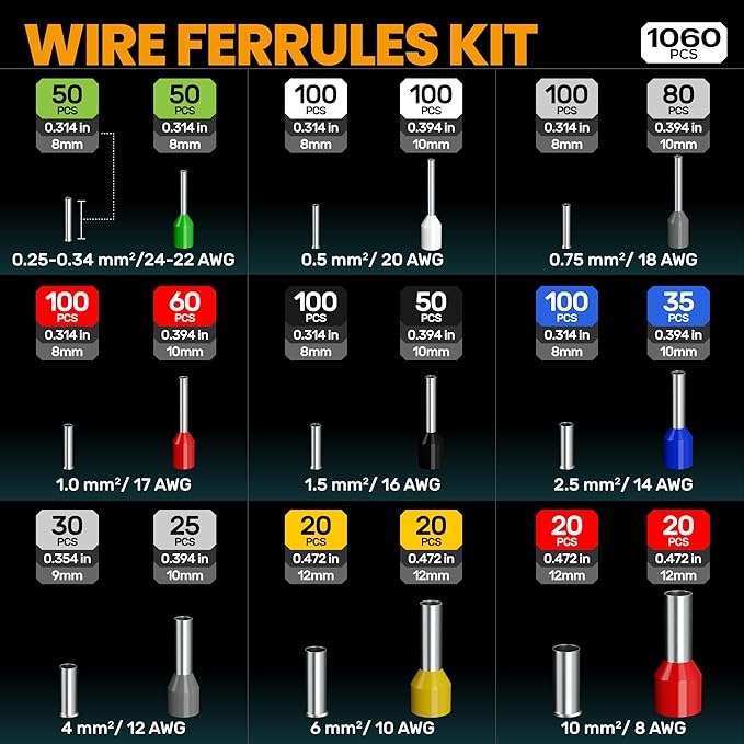 SOMELINE Ferrule Crimping Tool Kit, Self-Adjusting Pliers for Wire Ferrules AWG 24-8, With 18 Sizes Insulated and Non-insulated Wire Ferrules Terminals, Square Crimp Connector Assortment Kit