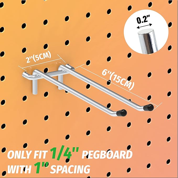 HUHOLE Double Arm Pegboard Hooks 6 Inch 10PC, Fit 1/4" Pegboard, Ideal Peg Board Tool Utility Hooks for Garage Organization, Wall Storage, Heavy Duty Tool Holder with Protecting Tip