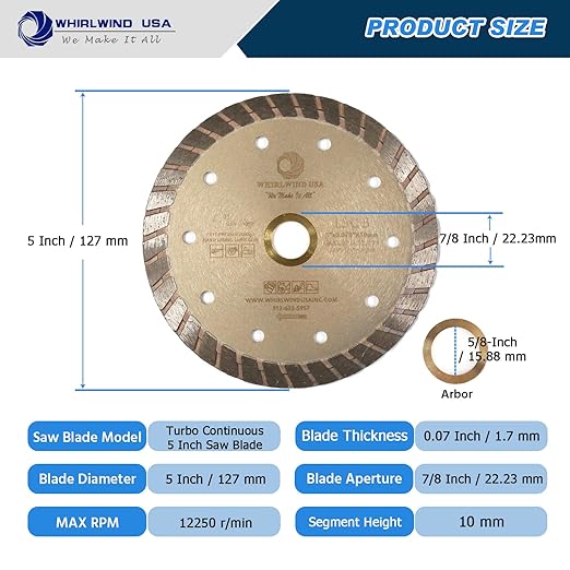 Whirlwind LSC 5 inch Dry or Wet Cutting General Purpose Continuous Turbo Power Saw Diamond Blades for Concrete Masonry Brick Stone(5'' LSC)