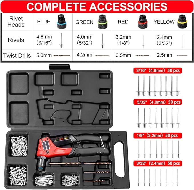 WETOLS Pop Rivet Gun Kit with 200 Blind Rivets, Upgraded Manual Single Hand Riveter with 4 Tool-Free Interchangeable Rivet Heads and 4 Drill Bits, Pop Rivet Tool Kit with Sturdy BMC Carrying Case