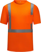 High Visibility Shirts Quick Dry Safety T Shirts with Reflective Strips and Pocket Short Sleeve Mesh Hi Vis Construction Work Class 2 Shirt for Men/Women Orange,6XL